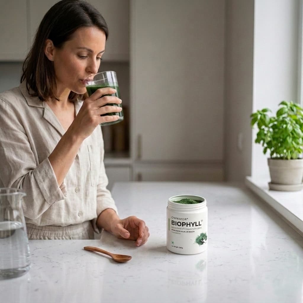 Biophyll green glass of pure Chlorophyllin water — the morning cellular detox ritual